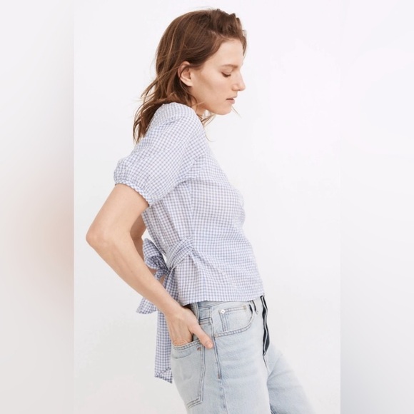 Madewell Blue and White Gingham Seersucker Wrap Top Size Medium - Picture 10 of 12